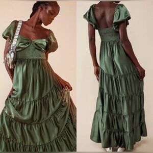Free People Olive Green Satin Maxi Dress
